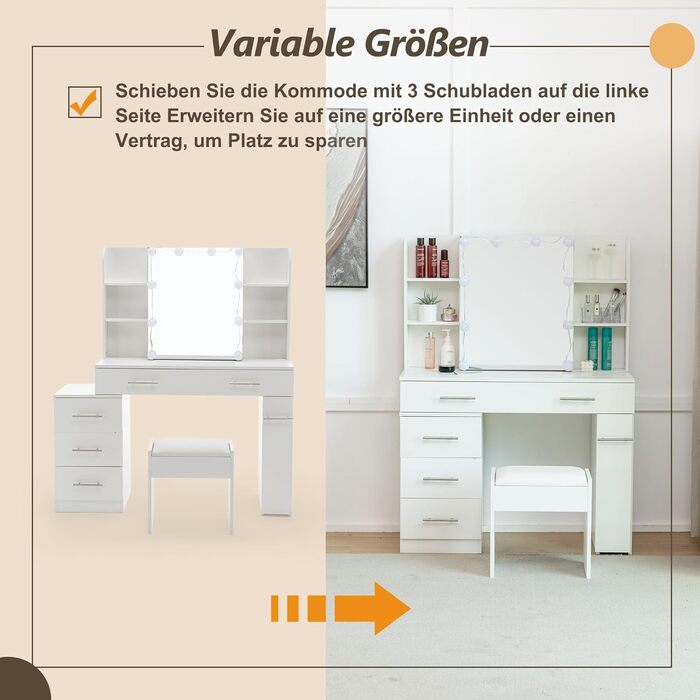 Дзеркальний туалетний столик Thanaddo з підсвічуванням та пуфом, 100×40×136 см. 6 шухляд, відкриті полиці, сучасний дизайн для спальні (білий)