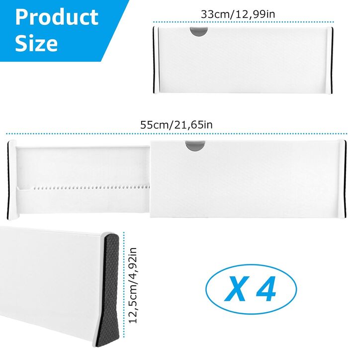 Органайзери для шухляд GBCHOOSE (4 шт.) - регульовані роздільники для шухляд 33-55 см, пластикові, 12,5 см, для кухні, комода, ванної кімнати, спальні (білі)