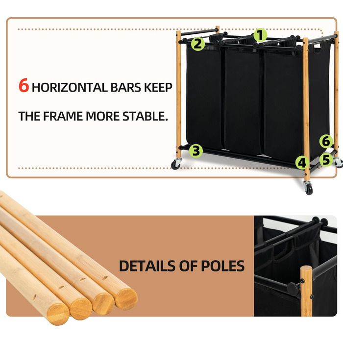 Сортувальник для білизни Storage Maniac з 3 відділеннями, 136 л, з міцними колесами, знімні кишені, бамбук