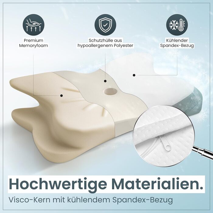 Ортопедична подушка для шиї при болях у шиї з високоякісної піни з пам'яті - Ергономічна подушка для шиї - Подушка для тих, хто спить на боці, спині та животі - Прати при 40°C, 61 x 40 x 12 см, Біла