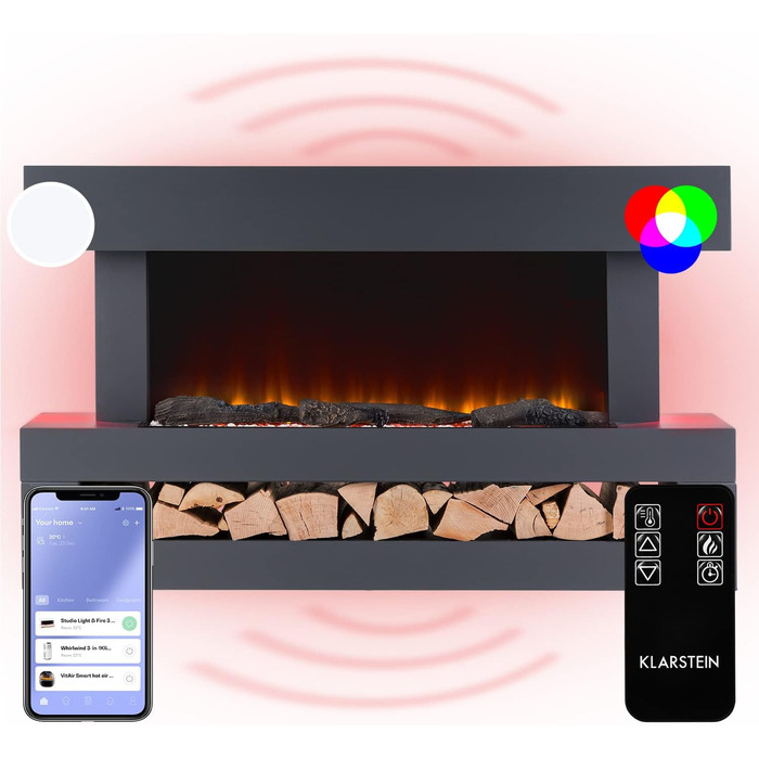 Електрокамін Klarstein Light & Fire 3 Smart, 2000 Вт, LED-імітація полум'я, з дистанційним керуванням, таймером, настінний, корпус MDF, чорний
