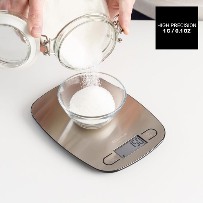 Кухонні ваги Taurus Easy Inox з цифровим дисплеєм, 5 кг, функція тарування, сріблясті, 15x20 см