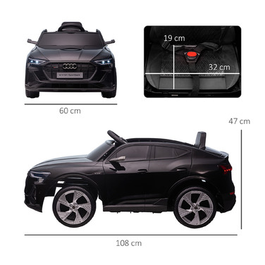 Електромобіль HOMCOM Audi e-tron 12V для дітей 3-5 років. Реалістичний дизайн, дистанційне керування, безпечний ремінь, музика (MP3/USB/TF), швидкість до 3-5 км/год. Чорний колір.