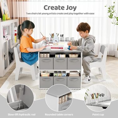Дитячий стіл MAMIZO з 2 стільцями: дерев'яний стіл для ігор з місцем для зберігання, комплект меблів для дітей 3+ (сірий)