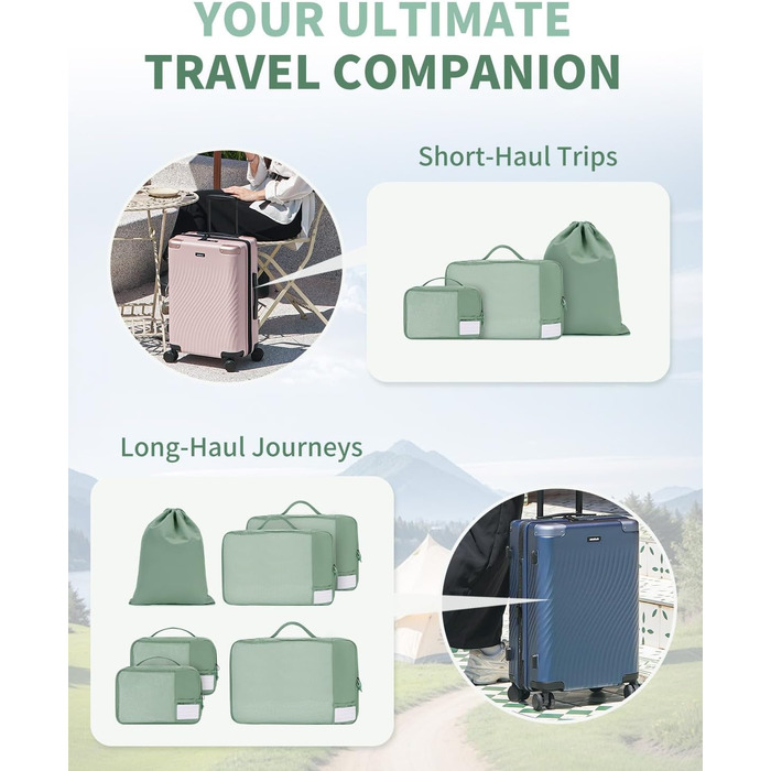 Набір органайзерів для валізи ECOHUB, 6 легких пакувальних кубів для подорожей з ID-біркою, дихаючі сумки-органайзери з переробленого матеріалу (Зелений)