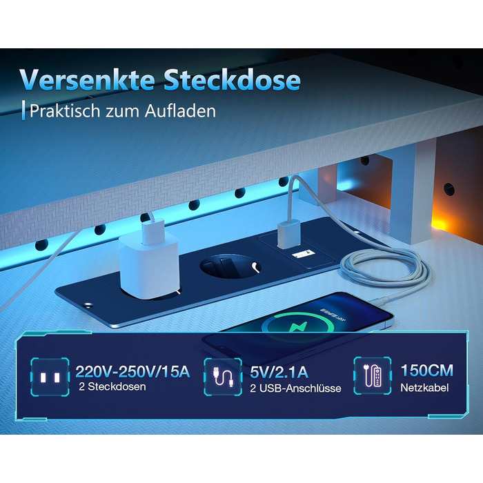 Ігровий стіл Coleshome з шухлядами, 151x50 см, з LED-підсвічуванням та розеткою, з полицями та підставкою для монітора (карбонове волокно)