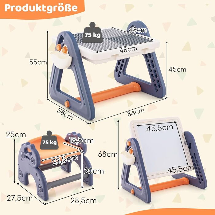 Дитячий стіл-трансформер DREAMADE 6-в-1 з місцем для сидіння, дошками для малювання/конструктора та ящиком для іграшок, 102 деталі, для дітей від 3 років (Модель 2)