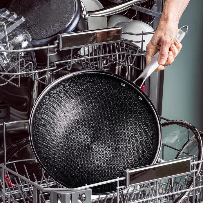 Вок RIOVARM 32 см з нержавіючої сталі з кришкою, антипригарне покриття, плоске дно, індукційні та газові плити, посудомийна машина, духовка, тришарова структура