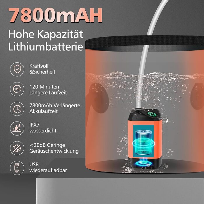 Набір для душу намету Campingdusche з насосом та акумулятором 7800mAh, оранжевий