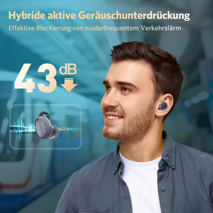 EarFun Free Pro 3 бездротові Bluetooth навушники з шумозаглушенням, Hi-Res Audio, Snapdragon Sound, aptX Adaptive, 6 мікрофонів для HD-дзвінків, Multipoint, акумулятор 33 год, бездротова зарядка, налаштовуваний еквалайзер, сині