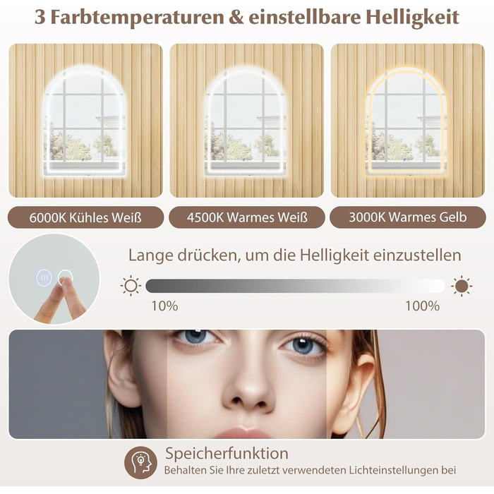 Дзеркало для ванної кімнати RELAX4LIFE з підсвіткою, настінне, напівкругле, 80 x 60 см, LED, сенсорне керування, функція пам'яті, запобігання запотіванню, без рами, 3 кольори світла, регулювання яскравості