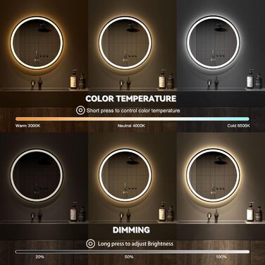 Дзеркало для ванної кімнати Dripex круглої форми з підсвічуванням LED, сенсорне керування, регулювання яскравості, 3 кольори світла, запобігання запотіванню, 50x50 см (Bluetooth, запобігання запотіванню, 3 кольори, регулювання яскравості)