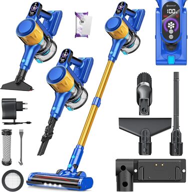 Бездротовий акумуляторний пилосос KESSER® з LED-дисплеєм, до 60 хвилин роботи, тихий, без мішка, з антинамотувальною щіткою, HEPA-фільтр, аромакарта (блакитний/золотий)