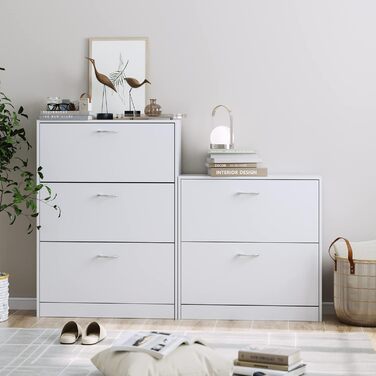 Вузька шафа для взуття FirFurd біла, з 3 відкидними ящиками, економна для 12-24 пар, висока комода для прихожей, коридору, входу. Дерев'яна шафа для взуття 110x80x23.5 см