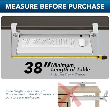 Висувна підставка для клавіатури під стіл з К-подібною фіксацією, великого формату, стійка, висувна платформа 838 мм x 280 мм, білий колір