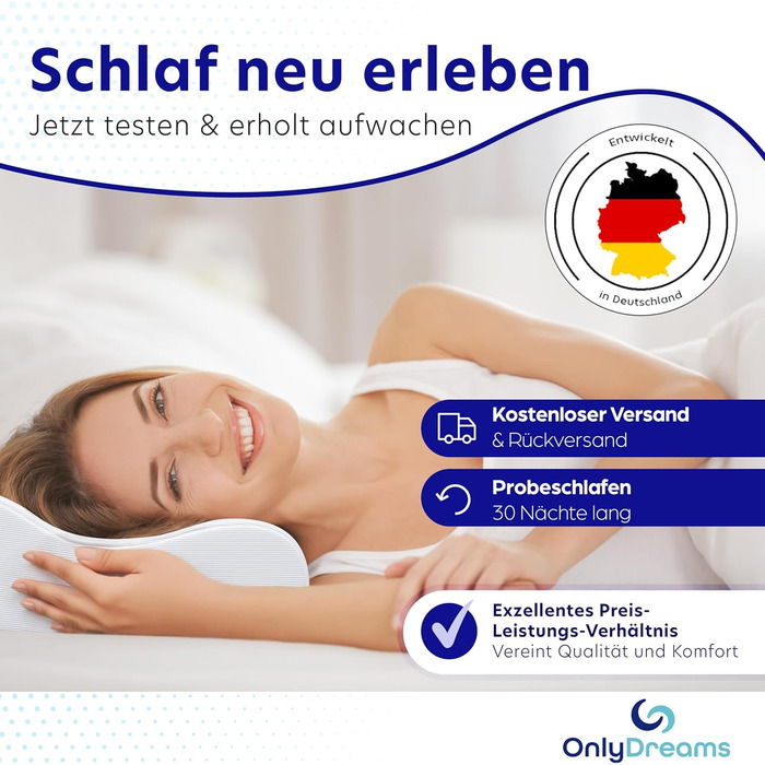 Ортопедична подушка для шиї OnlyDreams з гелевим шаром | Регульована висота + вибір жорсткості | Чохол з алое вера | Підходить для сну на спині, животі та боці - Oeko-Tex (Basic, 50x32x11/9 см)