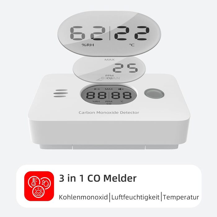 Виявлювач чадного газу CPVAN, 10 років служби, 3-в-1 з змінною батареєю, детектор CO з датчиком температури та вологості, EN50291, 1 шт.