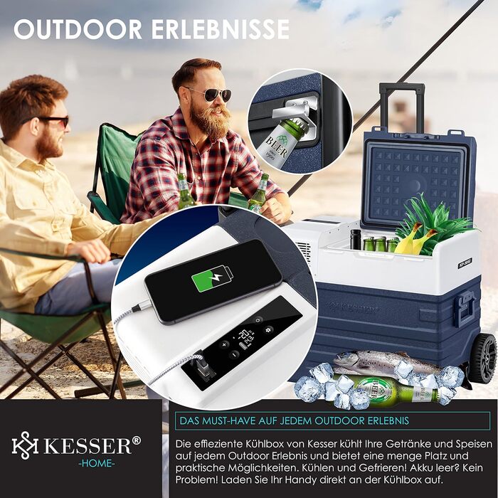 Автомобільний компресорний холодильник KESSER® 42л з Wi-Fi, 12/24/230V, до -20°C, з колесами та телескопічною ручкою для кемпінгу, фургону, вантажівки, човна + 2 акумулятори холоду (синій)