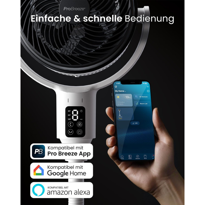 Вентилятор Pro Breeze AirFlo Standventilator: тихий, з пульт, LED-дисплей, 109 см, 2 режими, осциляція, 29 дБ, регулювання висоти, для дому, офісу, спальні, AirFlo WLAN