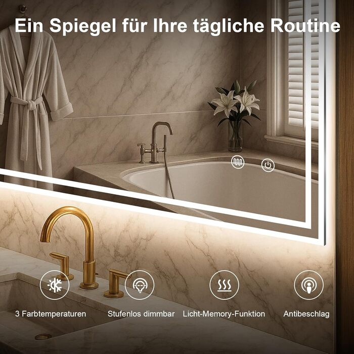 Дзеркало для ванної кімнати Youyijia з підсвічуванням, 70x50 см, антизапітніюче, сенсорне керування, 3 кольори світла, регулювання яскравості, 3500K-6500K