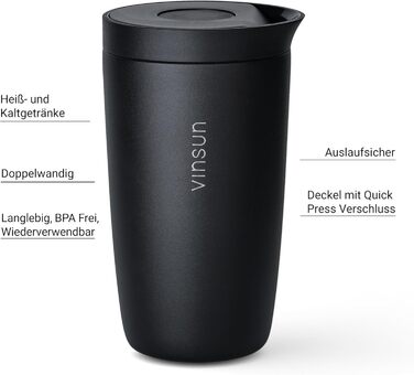 Термокружка VINSUN 350 мл, не протікає, з нержавіючої сталі, для гарячих та холодних напоїв, з Quick Press кришкою, для авто, університету (Чорний)