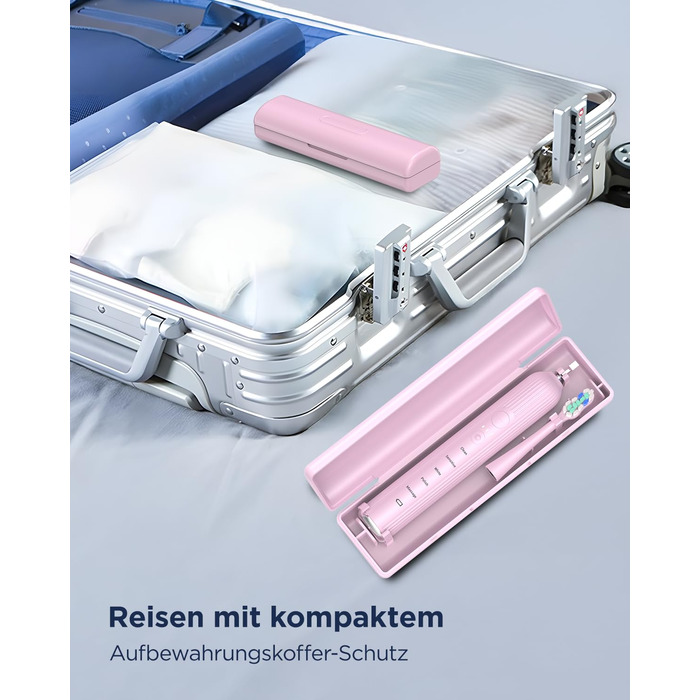 Електрична звукова зубна щітка для дорослих і дітей, 5 режимів чищення, 3 рівні інтенсивності, таймер, 8 насадок, кейс для подорожей, акумуляторна (Рожева, 1 шт.)