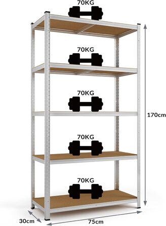 Полиця для важких умов експлуатації Monzana 170x75x30 см 350 кг 5 плит МДФ Полиця для зберігання на полицях Полиця для льоху Полиця для майстерні без болтів 170 x 75 x 30 см - 5 тарілок Срібло