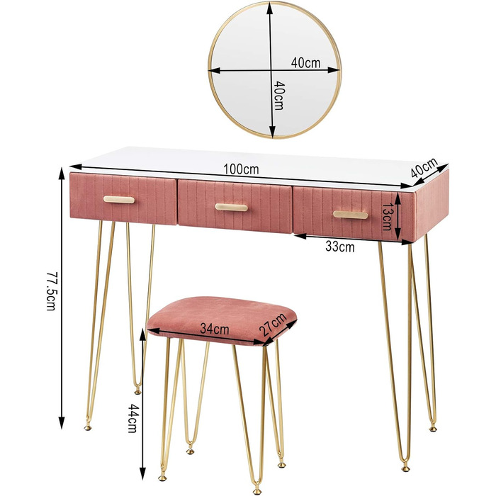 Туалетний столик з табуреткою, дзеркало, висувні ящики, 100x40см, рожевий, для спальні, 6080rs
