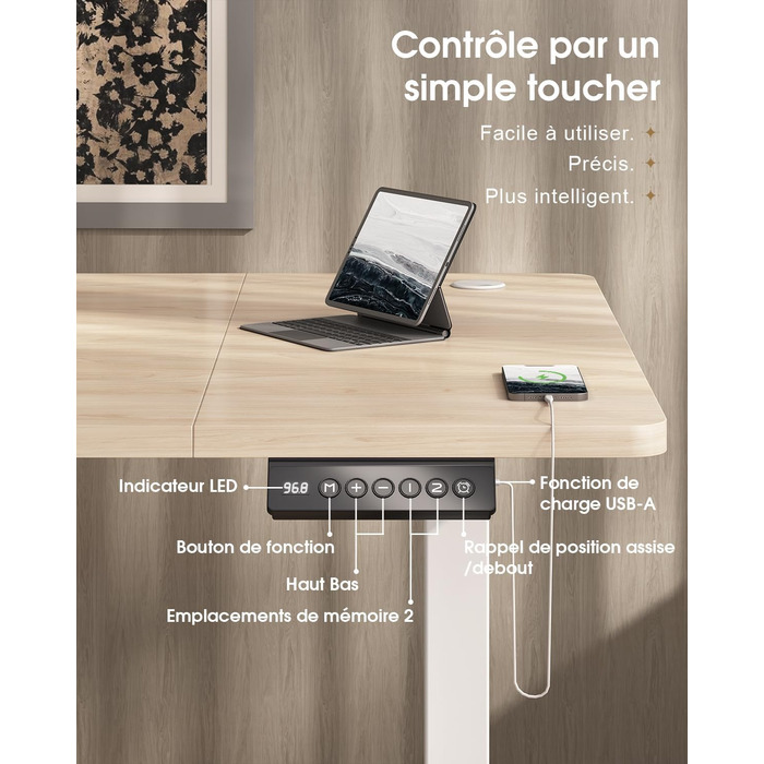 Регульований стіл Devoko: електричний, 140x80 см, з ящиками, USB-порт, органайзер для кабелів, стоячий стіл з пам'яттю, білий