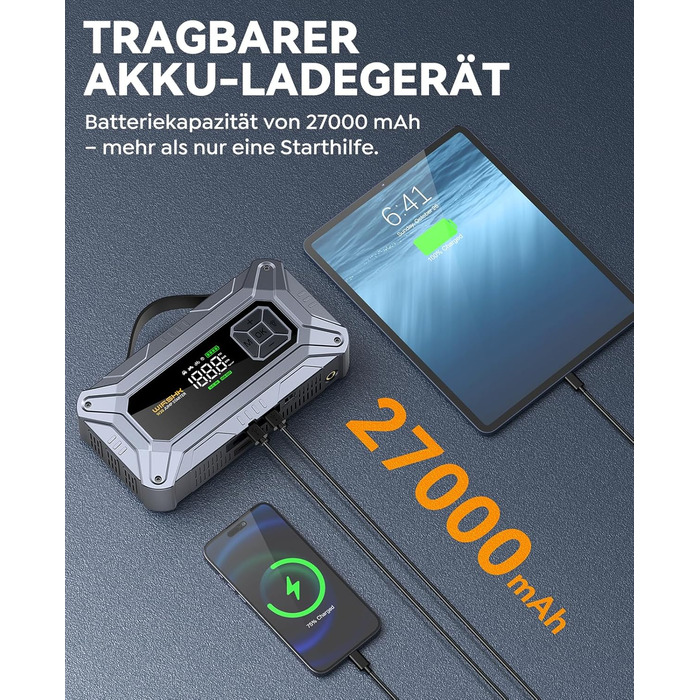 Портативний пусковий пристрій 8000A з повітряним компресором 160 PSI для бензинових та дизельних двигунів (до 10л), з дисплеєм та аварійною світлодіодною лампою