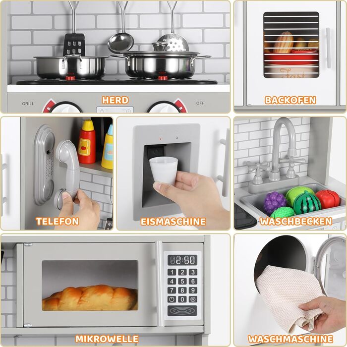 Дерев'яна дитяча кухня MAMIZO з підсвіткою та звуком, 82x80x25 см. Комплектація: аксесуари. Підходить для дітей від 3 років. Білий (сіро-білий) колір.