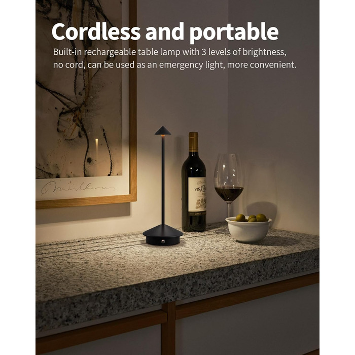 Mini LED-лампа настільна бездротова, акумуляторна, 4000 mAh, регулювання яскравості, для спальні, кухні, кафе, кемпінгу, чорна, 2 шт.