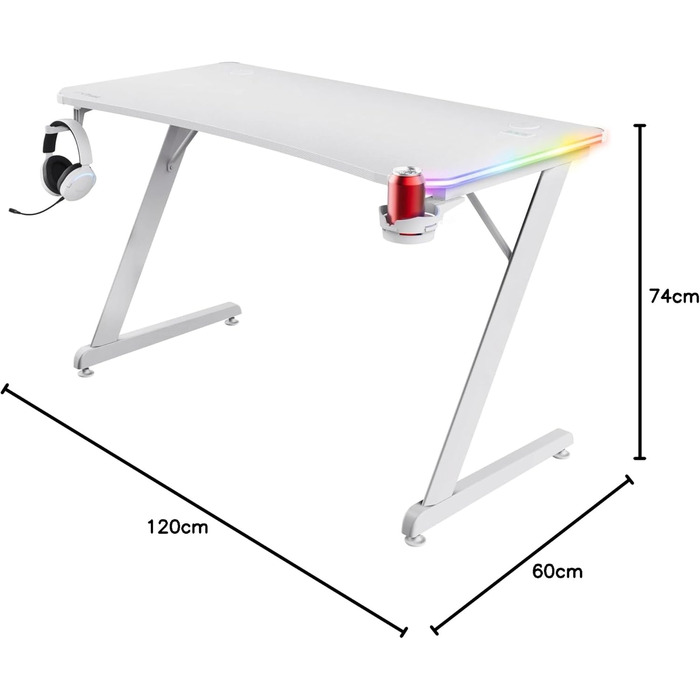 Ігровий стіл Trust Gaming GXT 709W Luminus RGB з підсвічуванням LED, 10 режимів, USB, білий, з тримачем для навушників та напоїв, 120 x 60 см