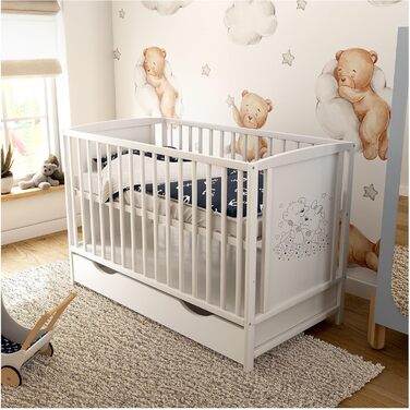 Дитяче ліжко Baby Delux 60x120 см біле, мотив ведмедя, з ящиком і матрацом