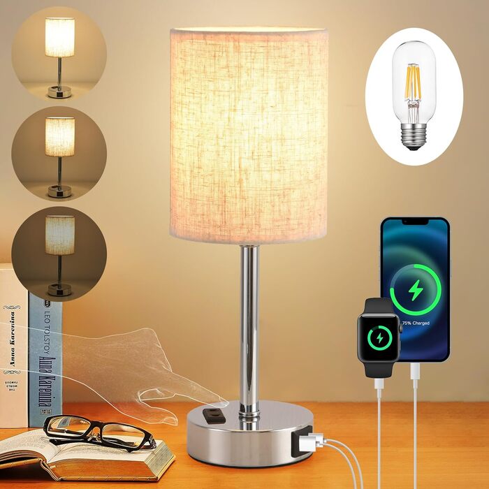 Світлодіодний приліжковий світильник Touch Dimmable, USB AC, льон, металевий, з лампочкою (бежевий)