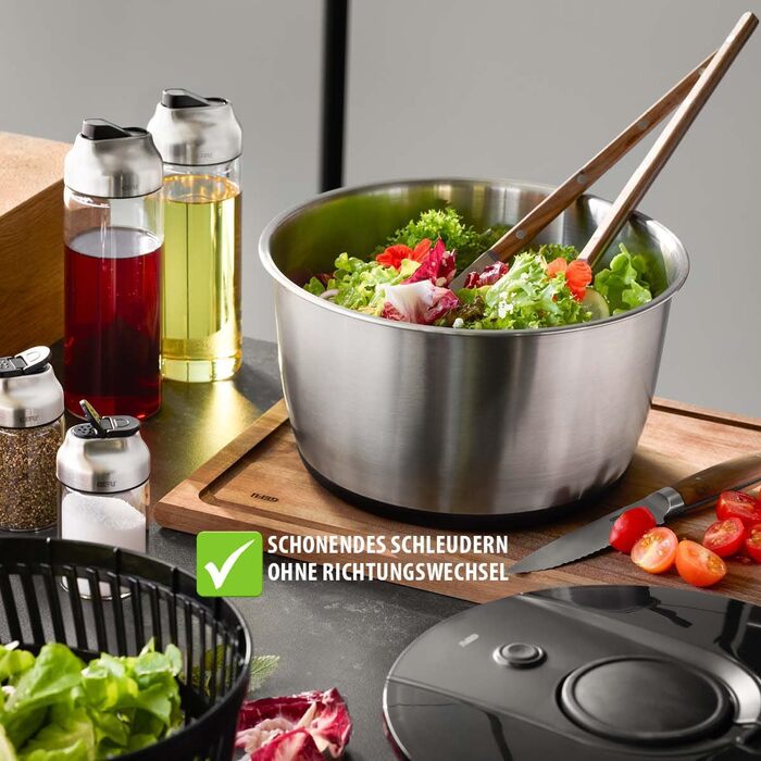 Салатниця GEFU з кришкою для зберігання, 3л, пластикова чаша з вбудованим ситом та ручним приводом, чорно-сіра