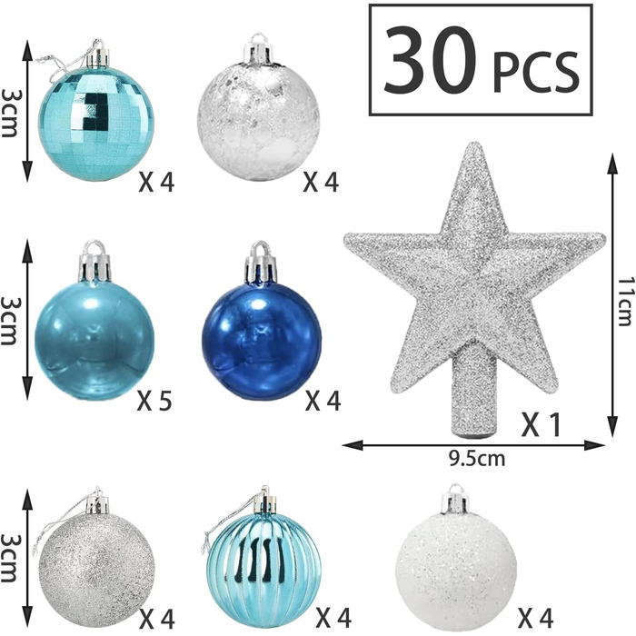 Міні-різдвяних кульок, 3 см, вішалка, синій та сріблястий, 30