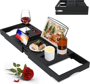 Підставка для ванни Artmalle: складаний бамбуковий столик з тримачем для книги та келиха, мильниця в подарунок, для розслаблення та читання, чорний