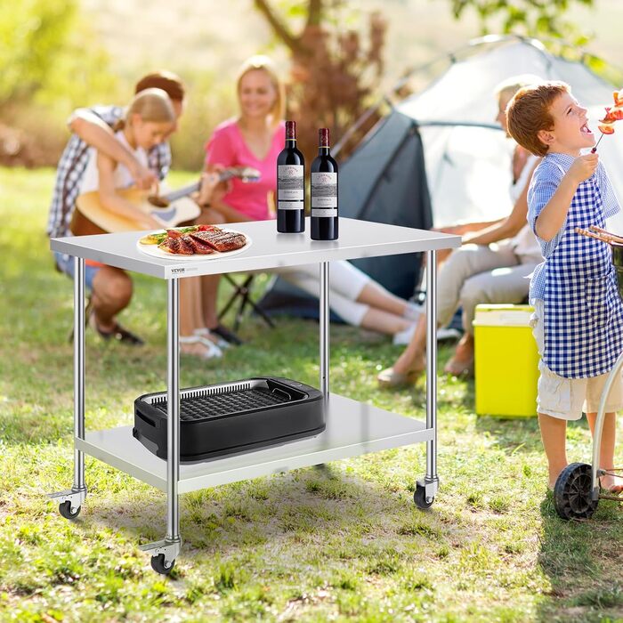 Стол з нержавіючої сталі VEVOR 90x60x85 см, з 4 колесами, регульована висота, для приготування їжі, срібний