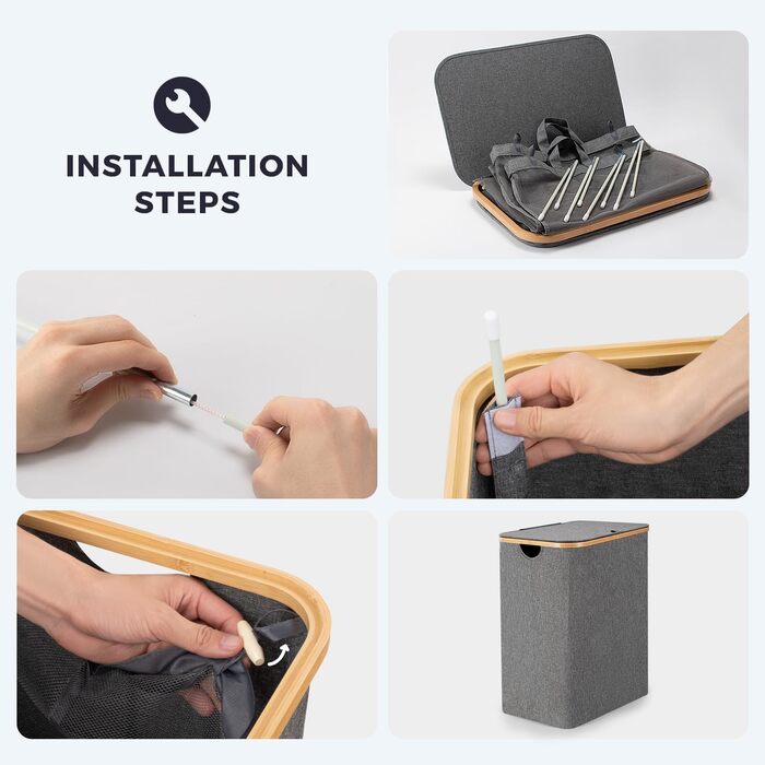 Кошик для білизни Rieeyrslza з кришкою 158л з бамбука та тканини Оксфорд, знімні мішки для білизни, складний сортер для білизни, багатофункціональний кошик для зберігання (сірий)