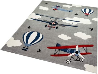 Дитячий килим зі зображенням літаків і повітряних куль, сірий, синій, кремовий, Розмір 120x170 см
