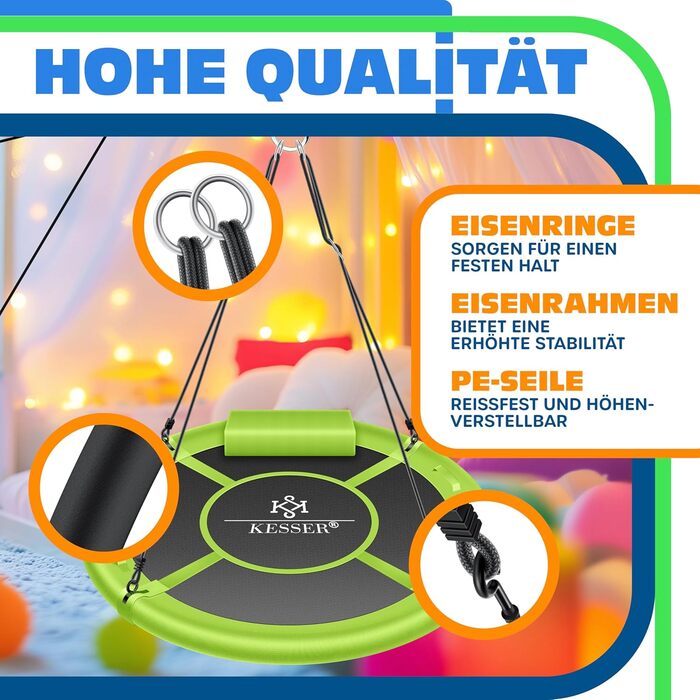 Шоукель KESSER® Tellershaukel Ø 120 см, до 300 кг, з подушкою та 4 ручками, регульована, для дітей та дорослих, зелений