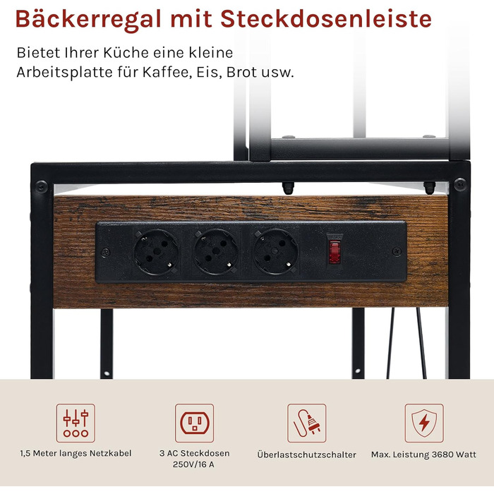 Кухонна полиця WOLTU з 6 ярусами, з розетками, для мікрохвильовки, з металевим каркасом, регульовані полиці, чорний+рустичний коричневий, 60 x 167 x 40 см (чорний+вінтажний коричневий, 80 x 39,5 x 167 см)