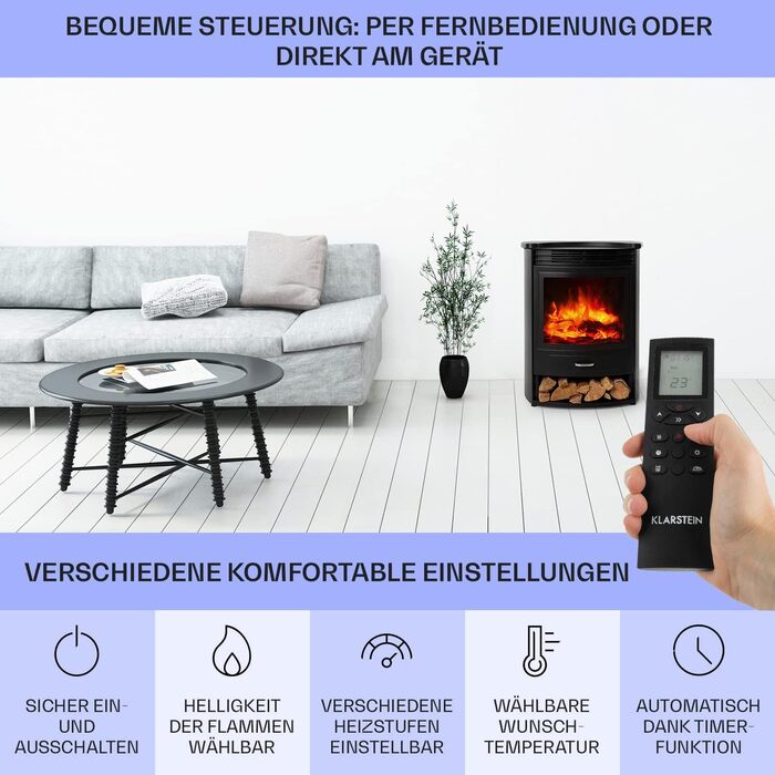 Електрокамін Klarstein Bormio S Smart, 1900 Вт, електричний обігрівач для вітальні, LED-імітація полум'я, з термостатом, таймером і пультом, чорний