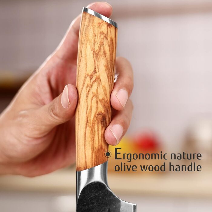 Ніж кухарський Damast 20см Hecef, професійний ніж шеф-кухаря, японський ніж з 67 шарів дамаст сталі та ручкою з оливкового дерева