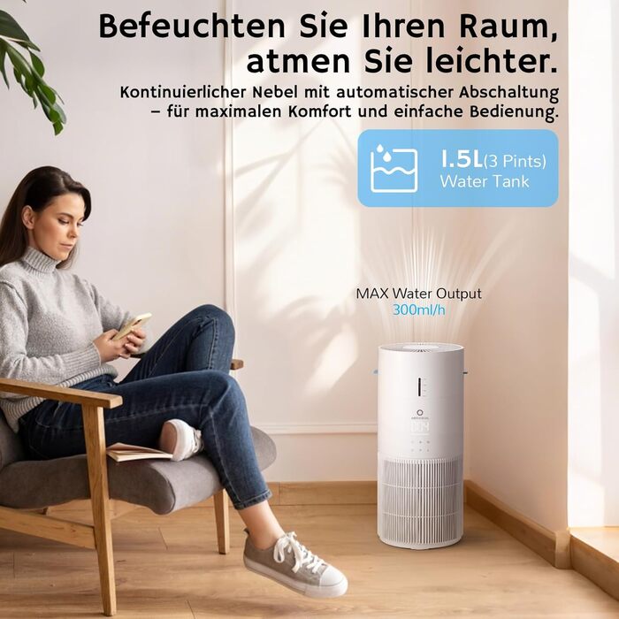 Повітряочищувач та зволожувач Airthereal AEH300: 2-в-1 для приміщень до 125 м², 3-ступенева фільтрація, індикатор якості повітря, нічний режим, автоматичне зволоження