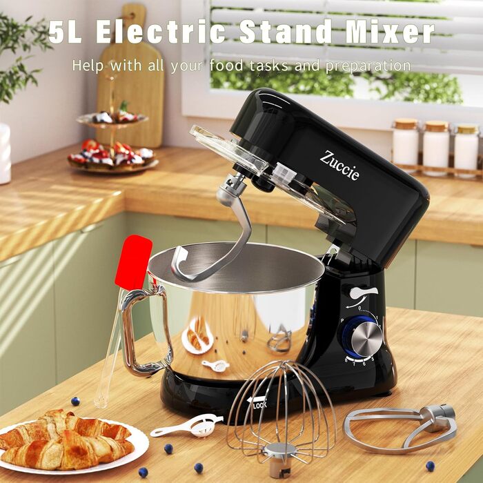 Кухонна машина Zuccie з тихою роботою, 5л чаша з нержавіючої сталі, 3 насадки, сплітц-захист, скребок для тіста та роздільник яєць, 8+P швидкості, для приготування тіста (білий/чорний)