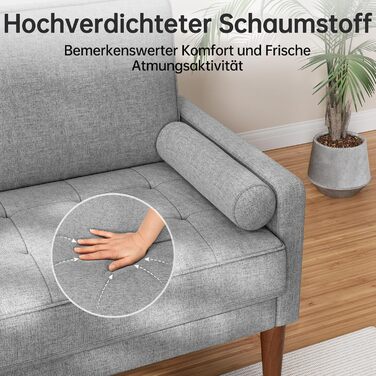 Диван Vesgantti 2-місний, 121 см, сучасний дизайн, 2 подушки, сірий льон для вітальні/квартири/офісу