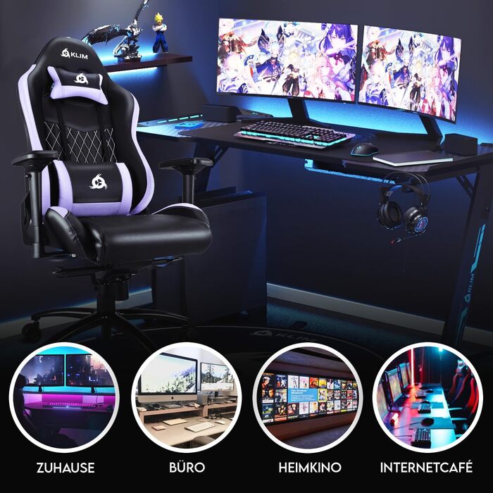 Ігровий крісло KLIM Esports з 4D підлокітниками, 170 кг, регульована спинка, ергономічний дизайн з подушками для голови та попереку, тихі колеса (фіолетовий)