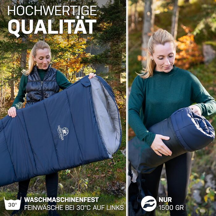 NORDBÄR® Спальний мішок 3 сезони, ультралегкий 750г/1500г, для кемпінгу та подорожей, тип мумія, компактний, 100GSM/300GSM, літній туристичний спальник